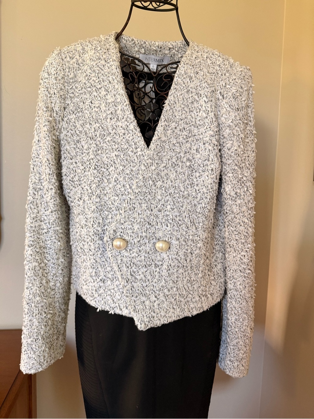 INTERMIX Cream Textured Tweed V-Neck Jacket with Pearl Buttons